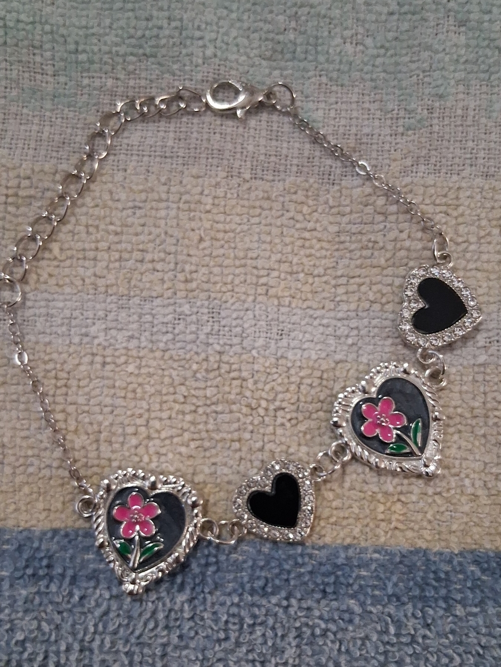 Silver-Tone Black & Pink Heart Flower Bracelet 6 To 8 Inch. NWT